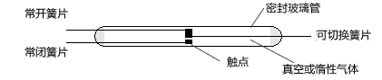 Form C (單刀雙擲 (SPDT) 三個(gè)簧片的磁簧開關(guān)的基本結(jié)構(gòu)。